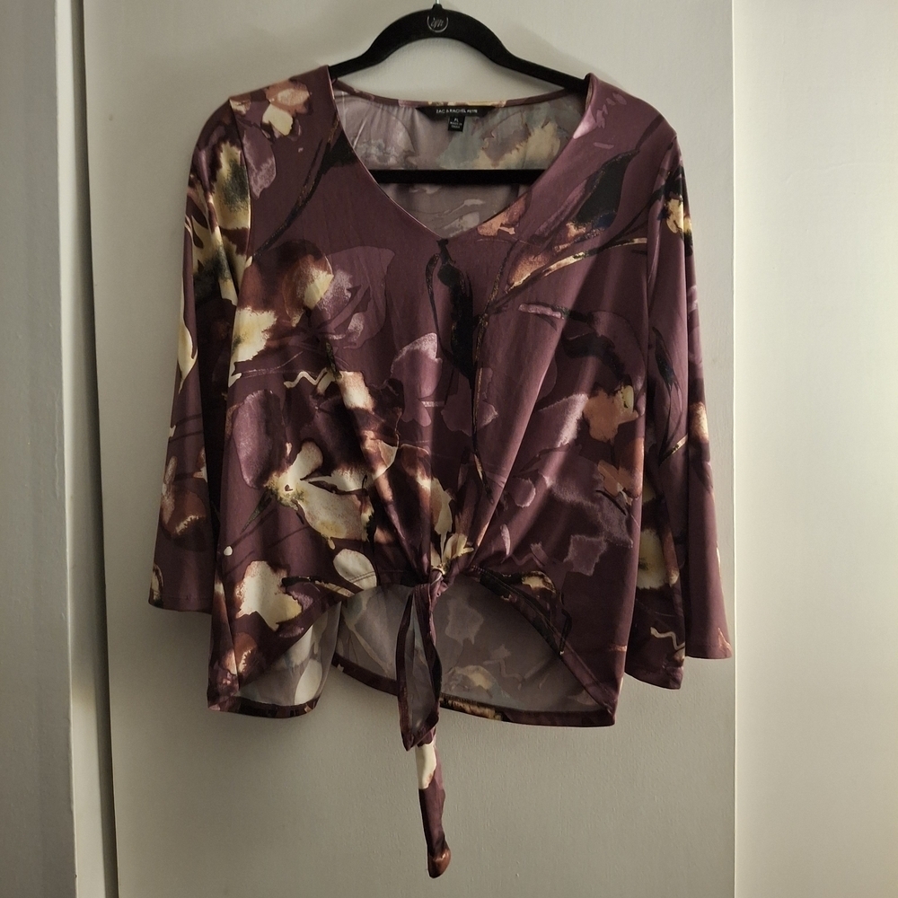 Zac & Rachel Burgandy And Yellow Flutter Sleeve Tie Front Blouse